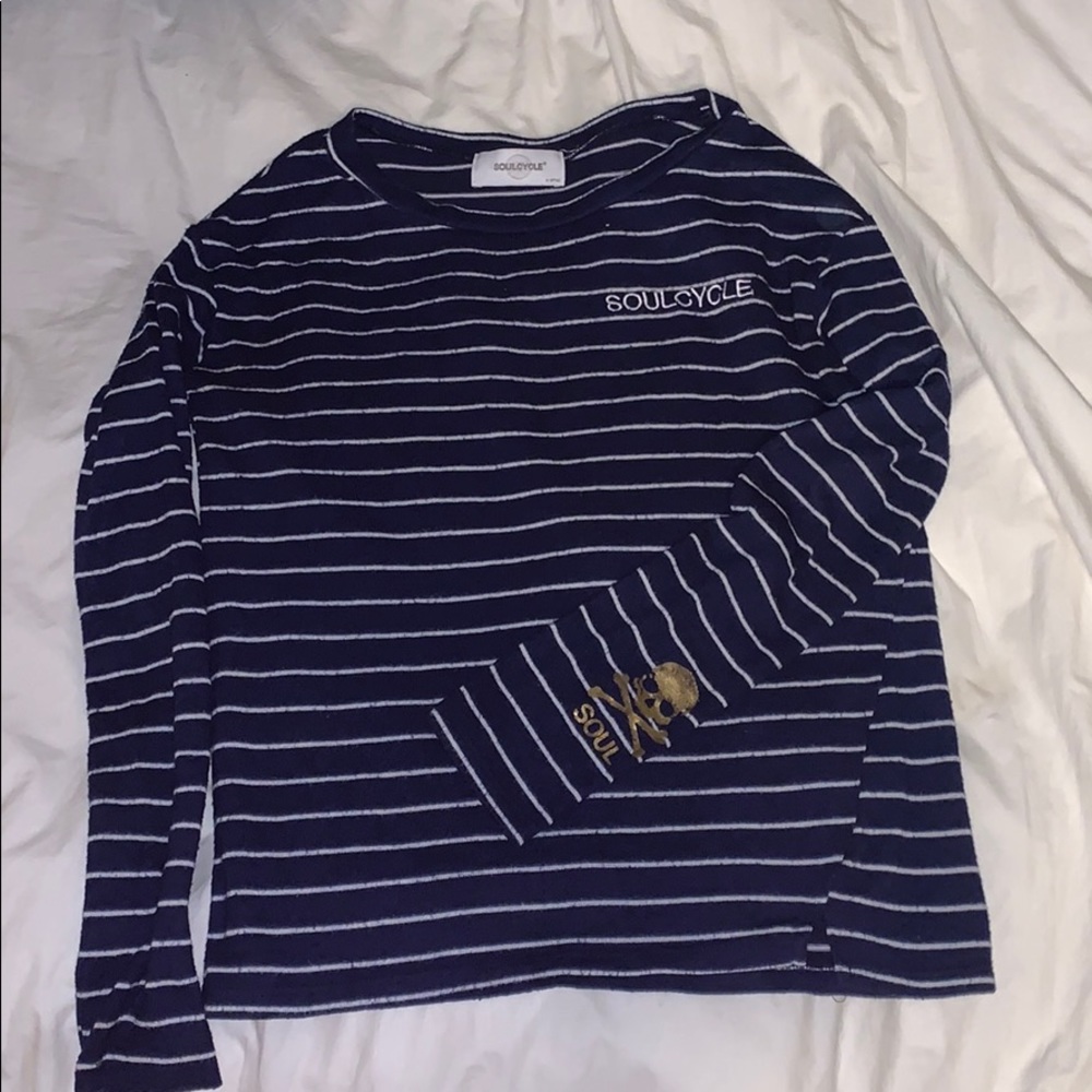 SoulCycle blue and white striped long sleeve shirt